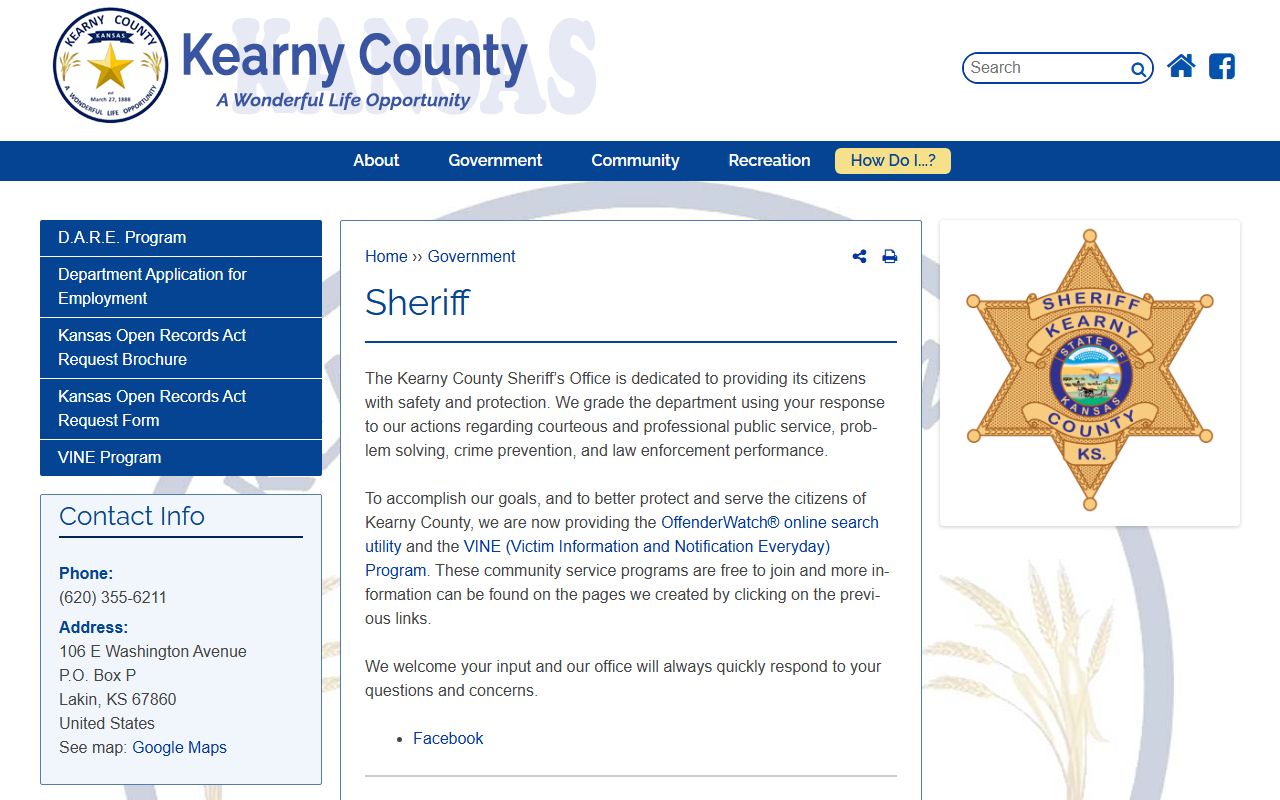 Kearny County inmate population sheriff page with VINE and OffenderWatch links