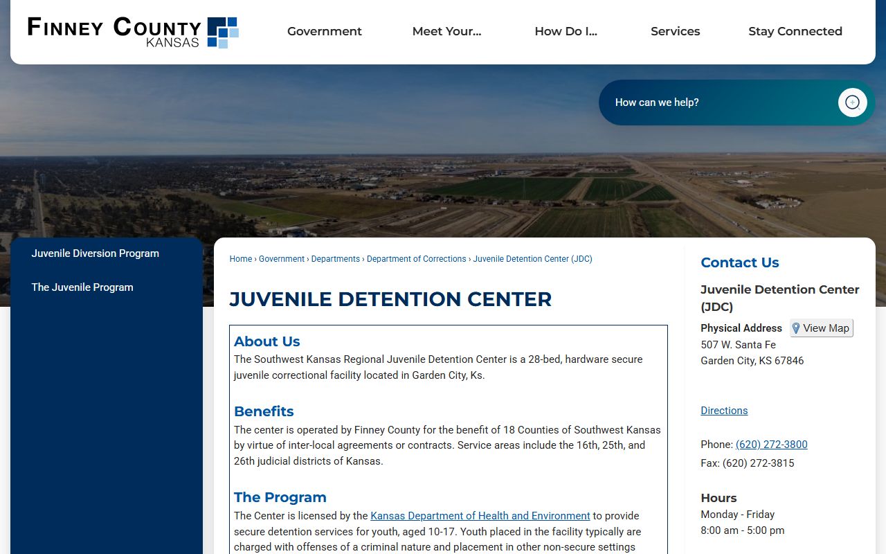 Southwest Kansas Regional Juvenile Detention Center youth custody information for Kearny County